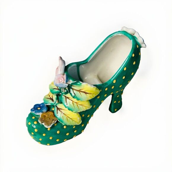 Vintage Hand Painted Shoe High Heel Polka Dots 3D Flowers Leaf Green 4" Japan - Picture 1 of 11
